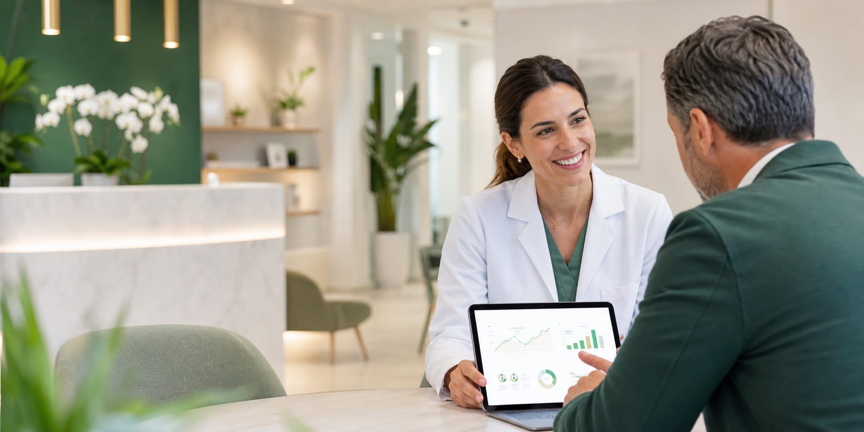 Equipo de agencia de marketing sanitario en Sevilla analizando métricas de una clínica
